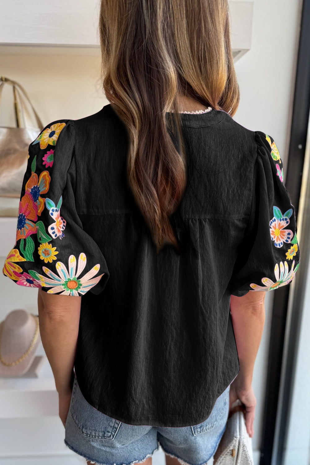 Pink Floral Embroidered Puff Sleeve Split Neck Blouse eAura