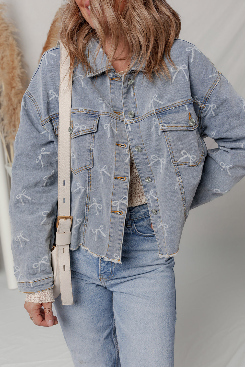 Sky Blue Bow Knot Print Light Wash Raw Hem Denim Jacket Dear-Lover Dropshipping