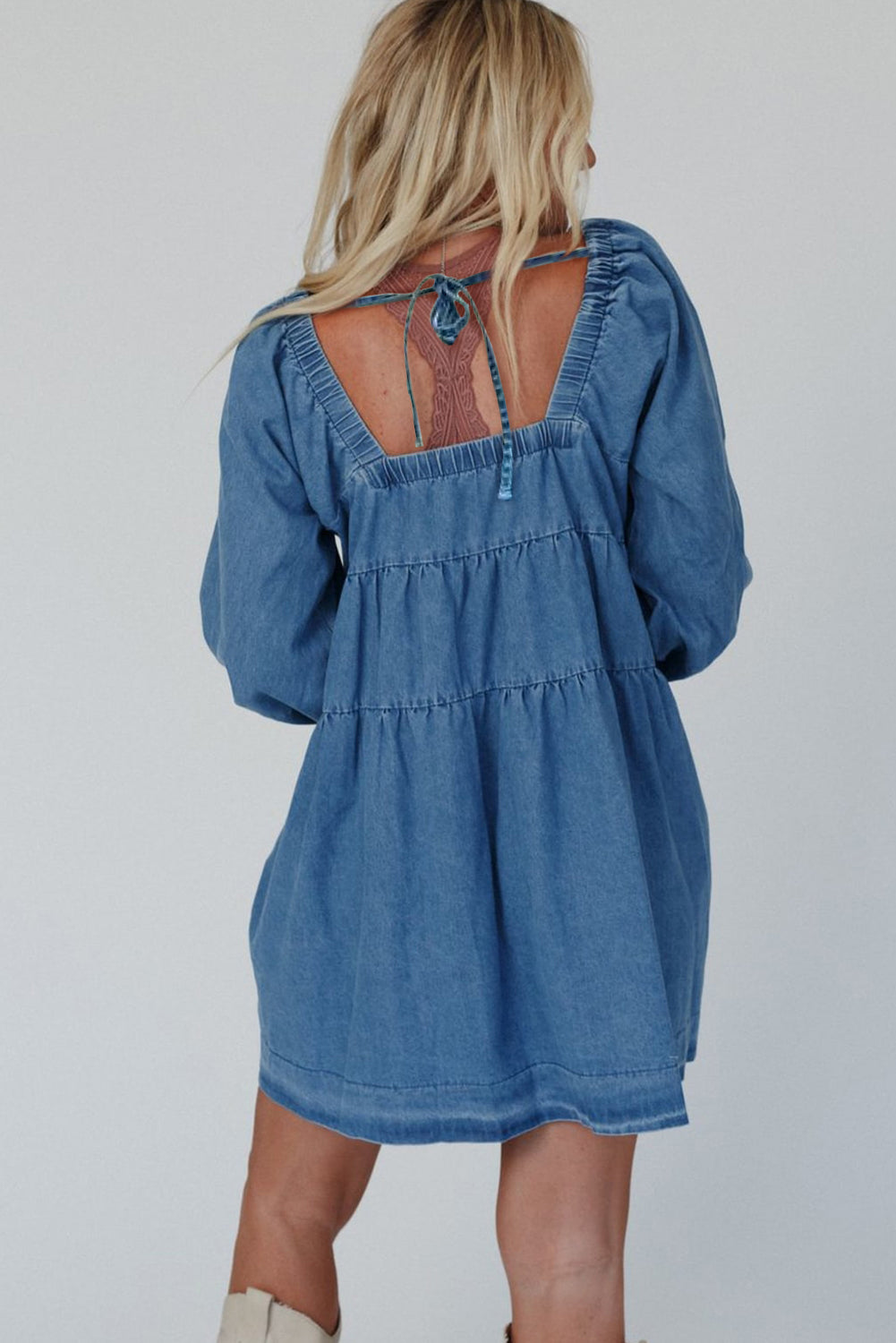 Dusk Blue Square Neck Side Pockets Loose Fit Denim Mini Dress Beagle Boutique Fashion Outlet