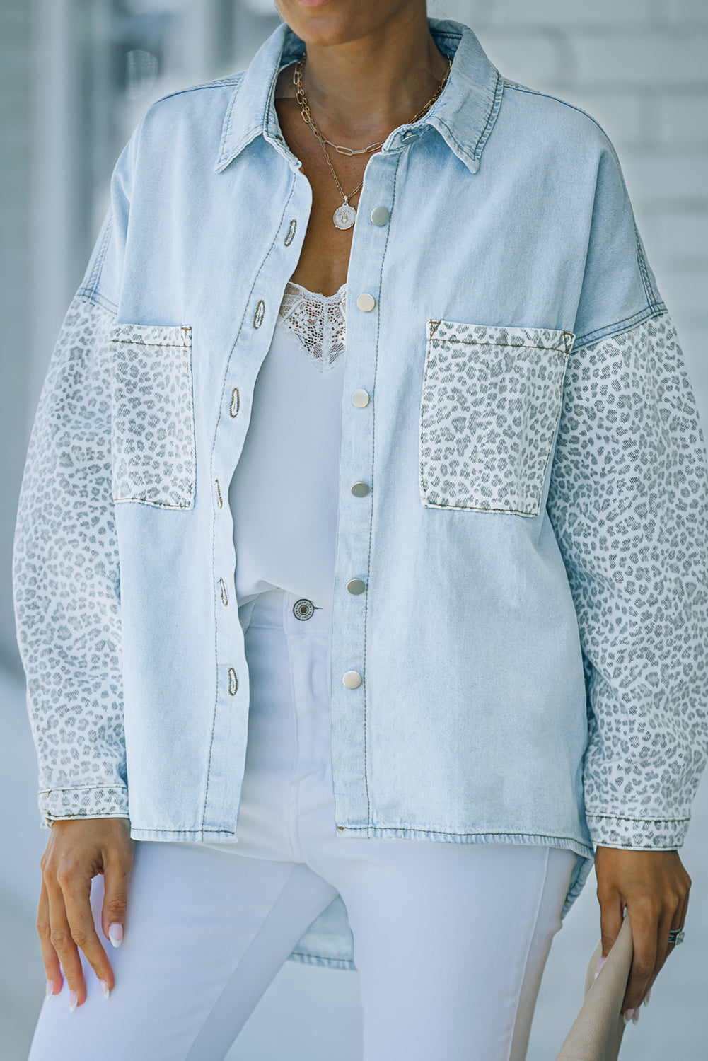 White Contrast Leopard Denim Jacket eAura