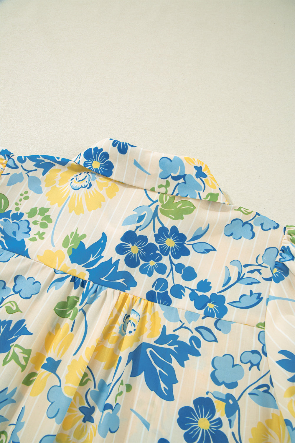 Blue Floral Striped Mixed Print Puff Short Sleeve Blouse eAura