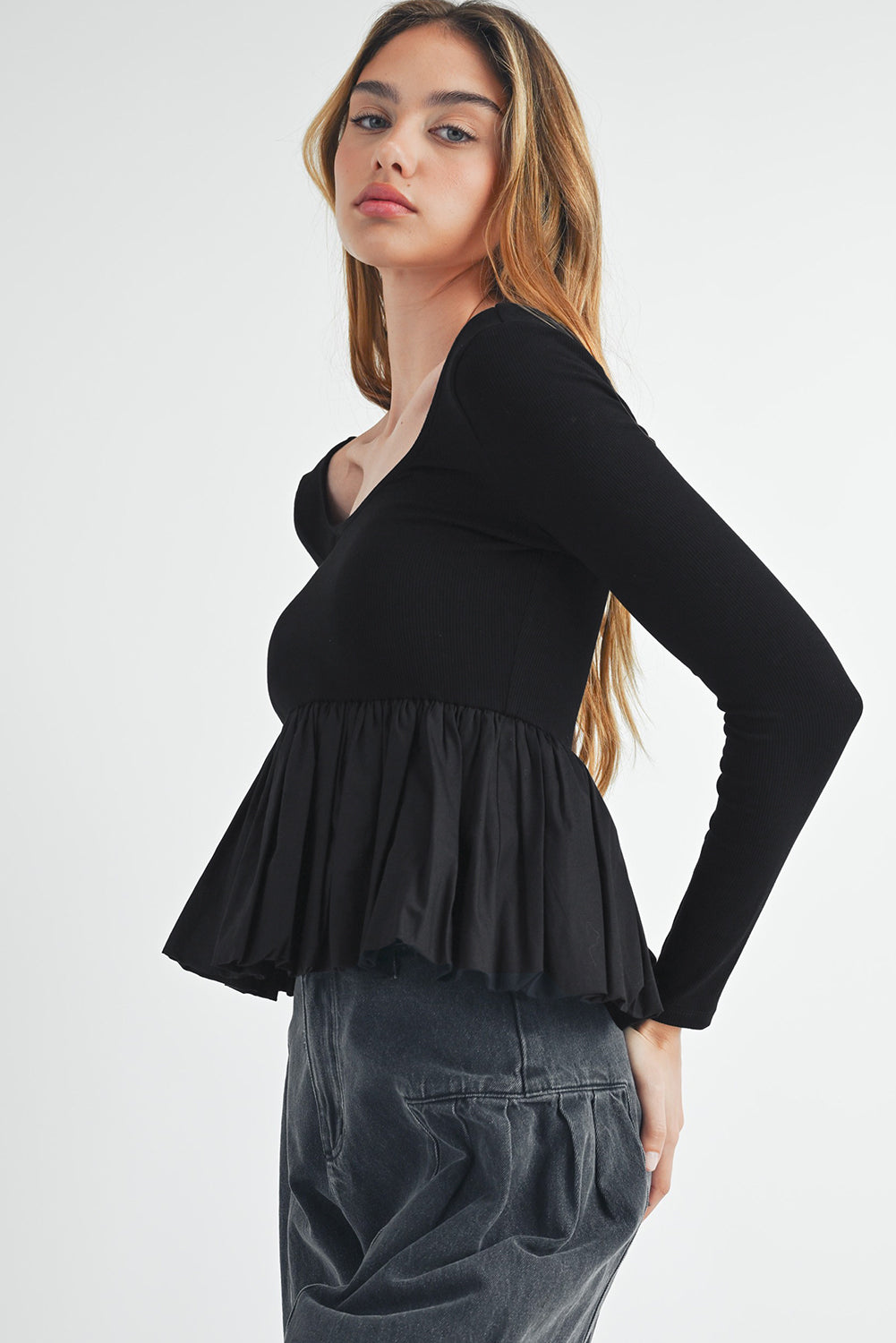 Black Ribbed Knit Long Sleeve Scoop Neck Peplum Patchwork Top BB Fashion Outlet