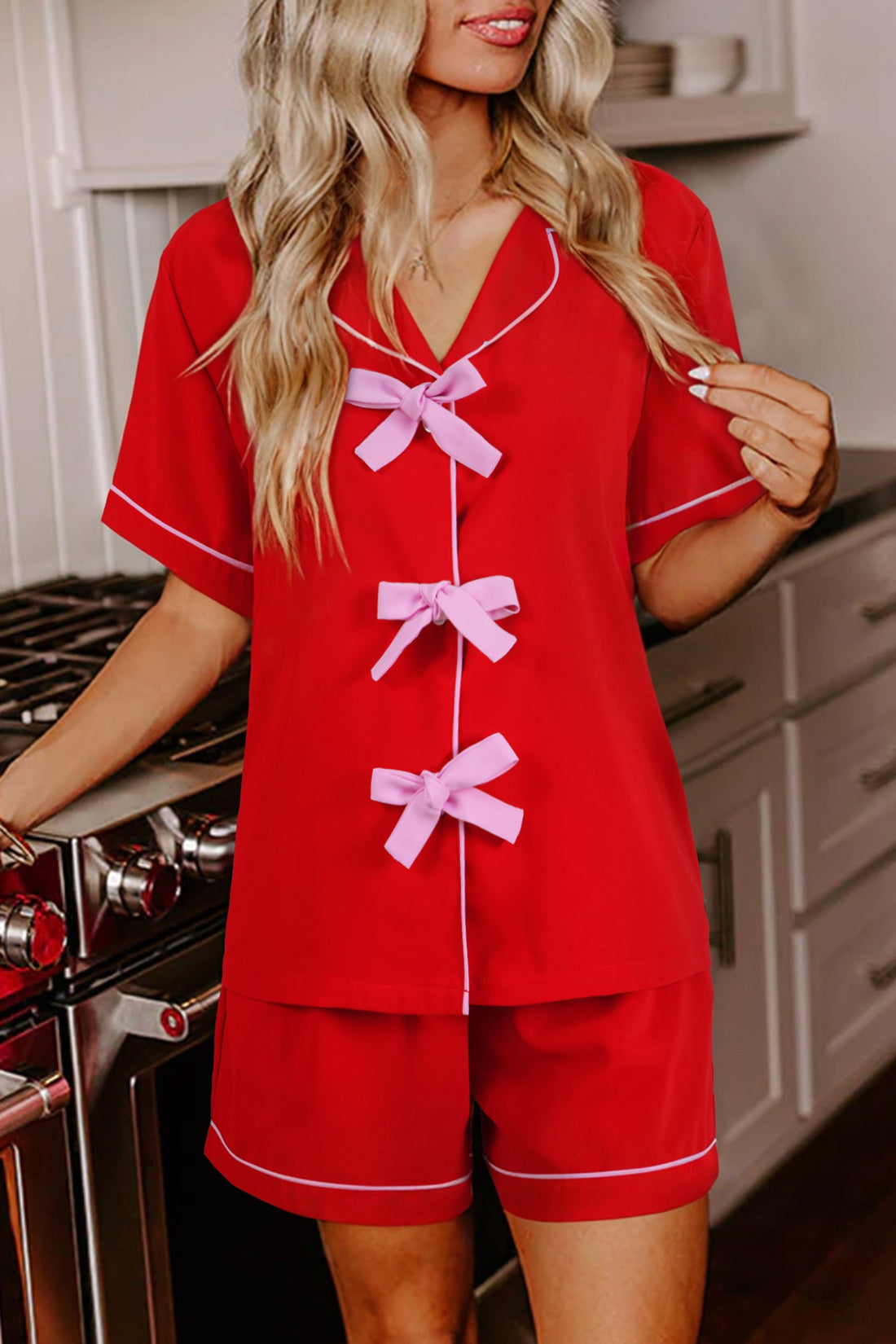 Red Contrast Trim Ribbon Bow Short Pyjama Set - L - Loungewear & Sleepwear/Pyjama Shorts