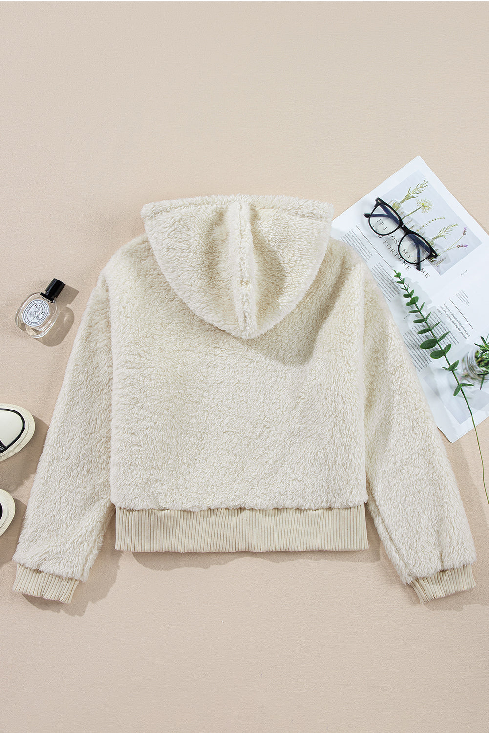 White Contrast Ribbed Edge Plush Hoodie eAura