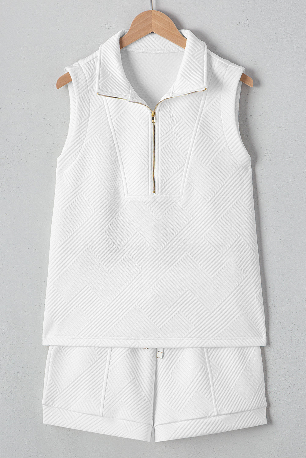 White Textured Half Zip Tank Top Drawstring Shorts Set eAura