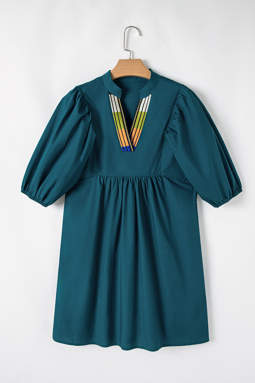 Blue Sapphire Colourblock Split V Neck Puff Sleeve Mini Dress - eAura