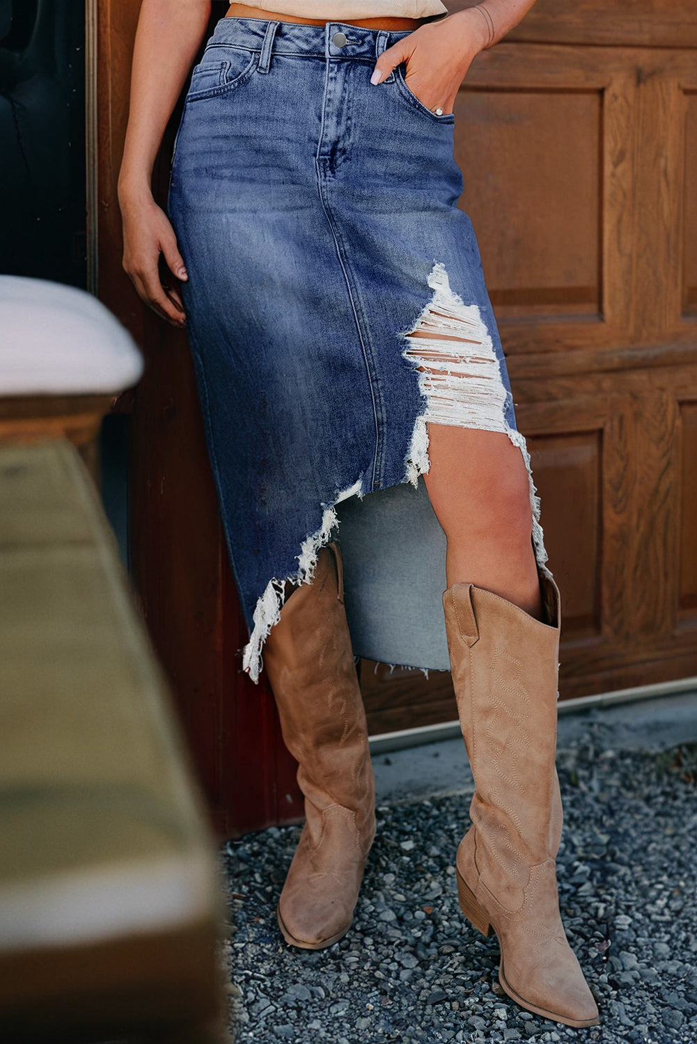 Irregular Distressed Bottom Denim Midi Skirt