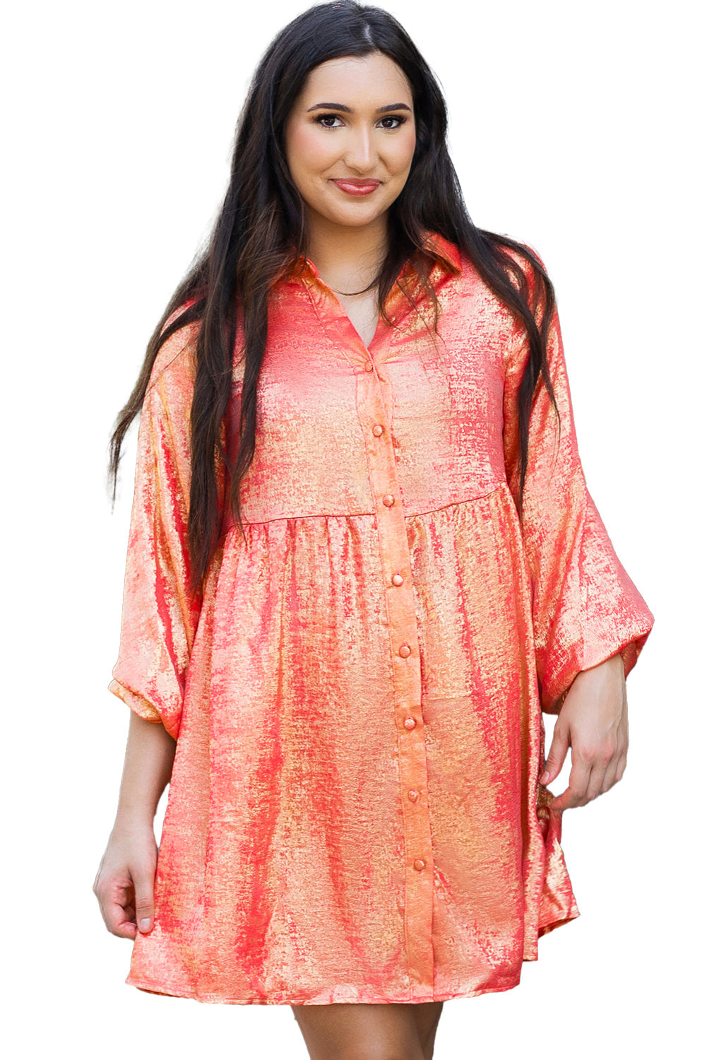 Peach Blossom Metallic Sheen Puff Sleeve Button Up Mini Shirt Dress eAura
