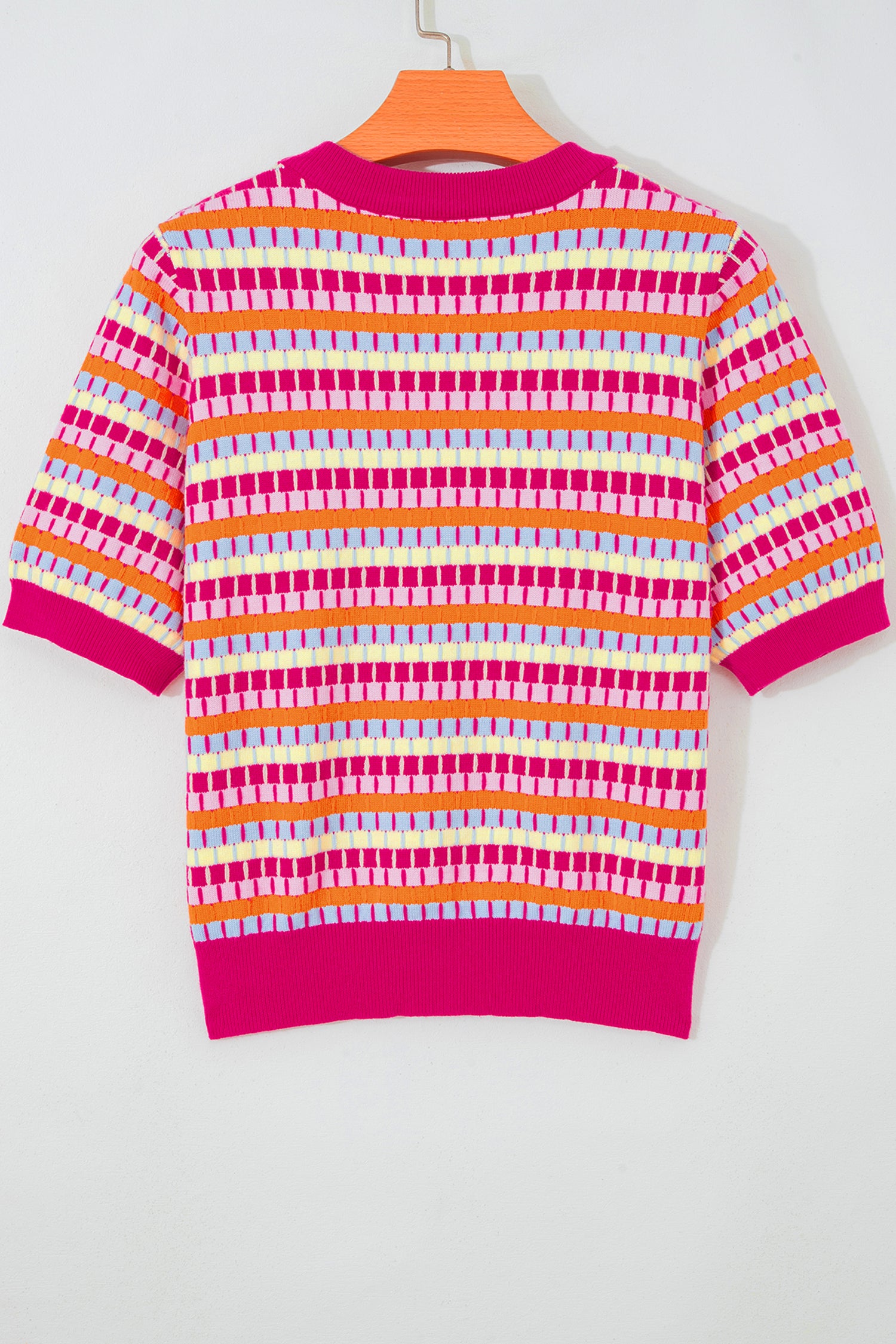 Abstract Striped Knit Short Sleeve Sweater