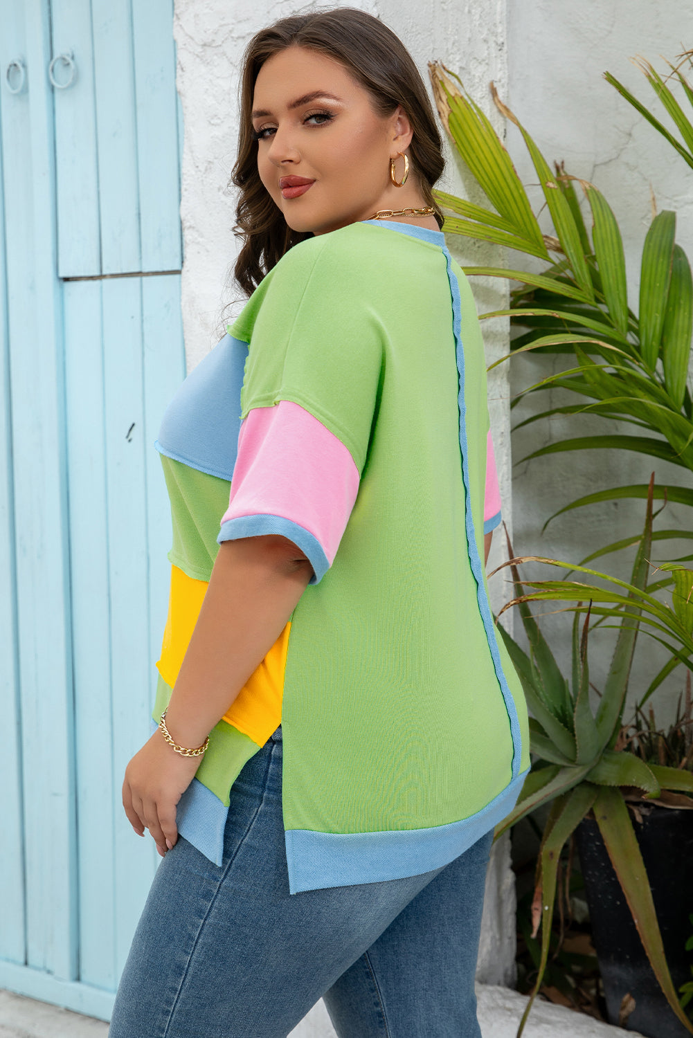 Light Blue Colour Block Exposed Seam Patchwork Plus Size T Shirt BB Fashion Outlet