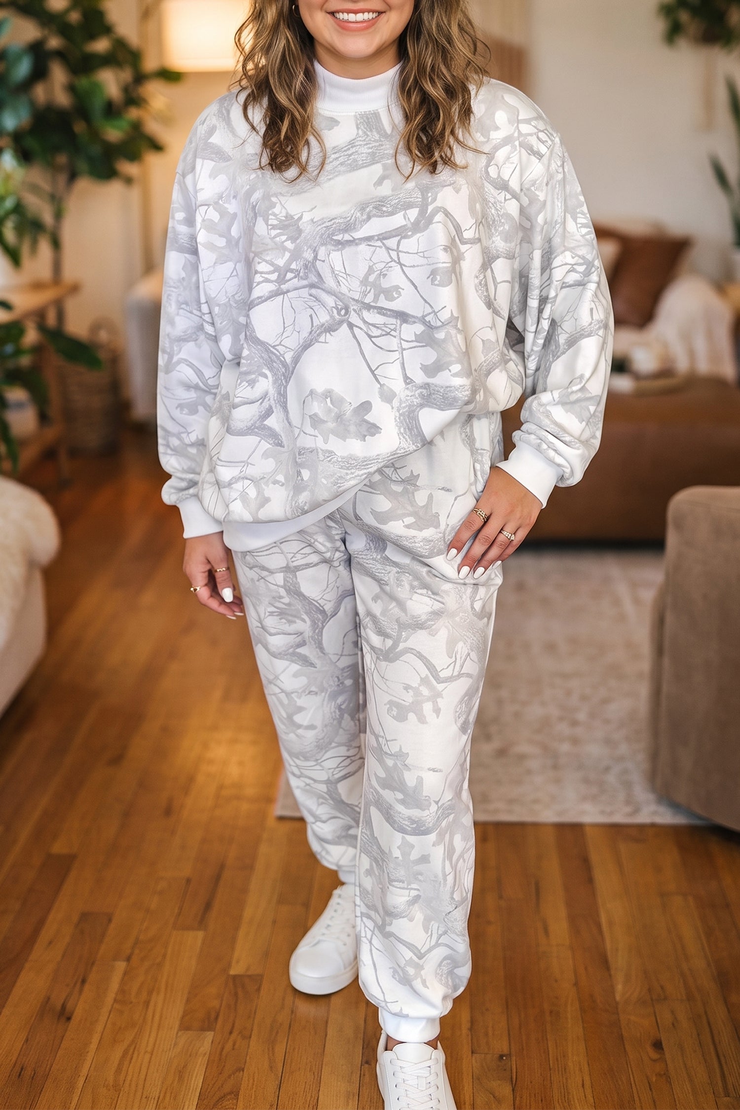 Camouflage Print Stand Neck Long Sleeve Regular Fit Plus Size Set – Gray