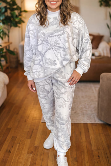 Camouflage Print Stand Neck Long Sleeve Regular Fit Plus Size Set – Gray