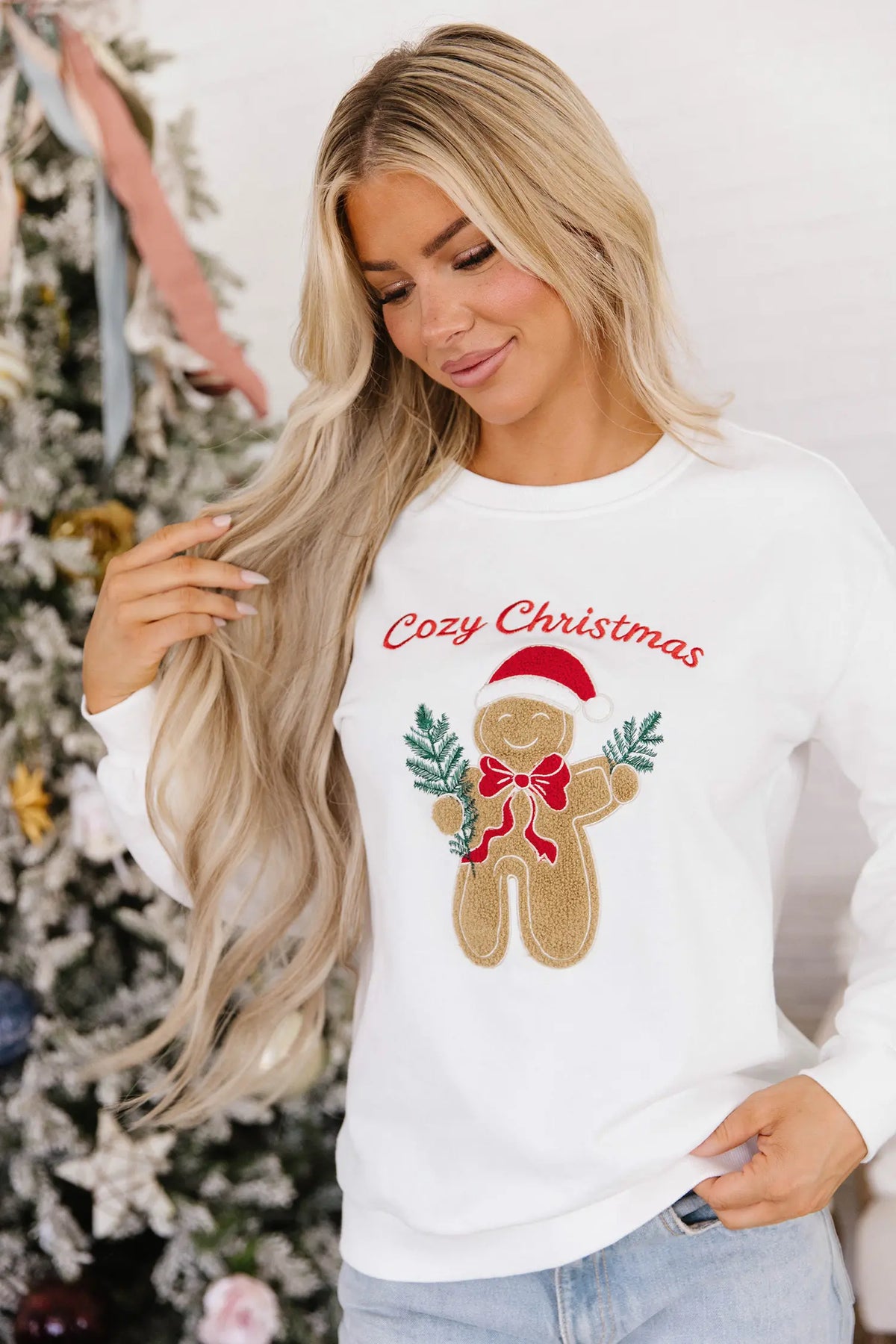 Pullover Sweatshirt Embroidered Gingerbread Cosy Christmas Long Sleeve Round Neck
