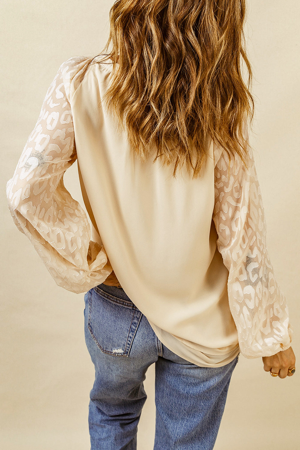 Beige Leopard Mesh Bubble Sleeve Split Neck Blouse eAura