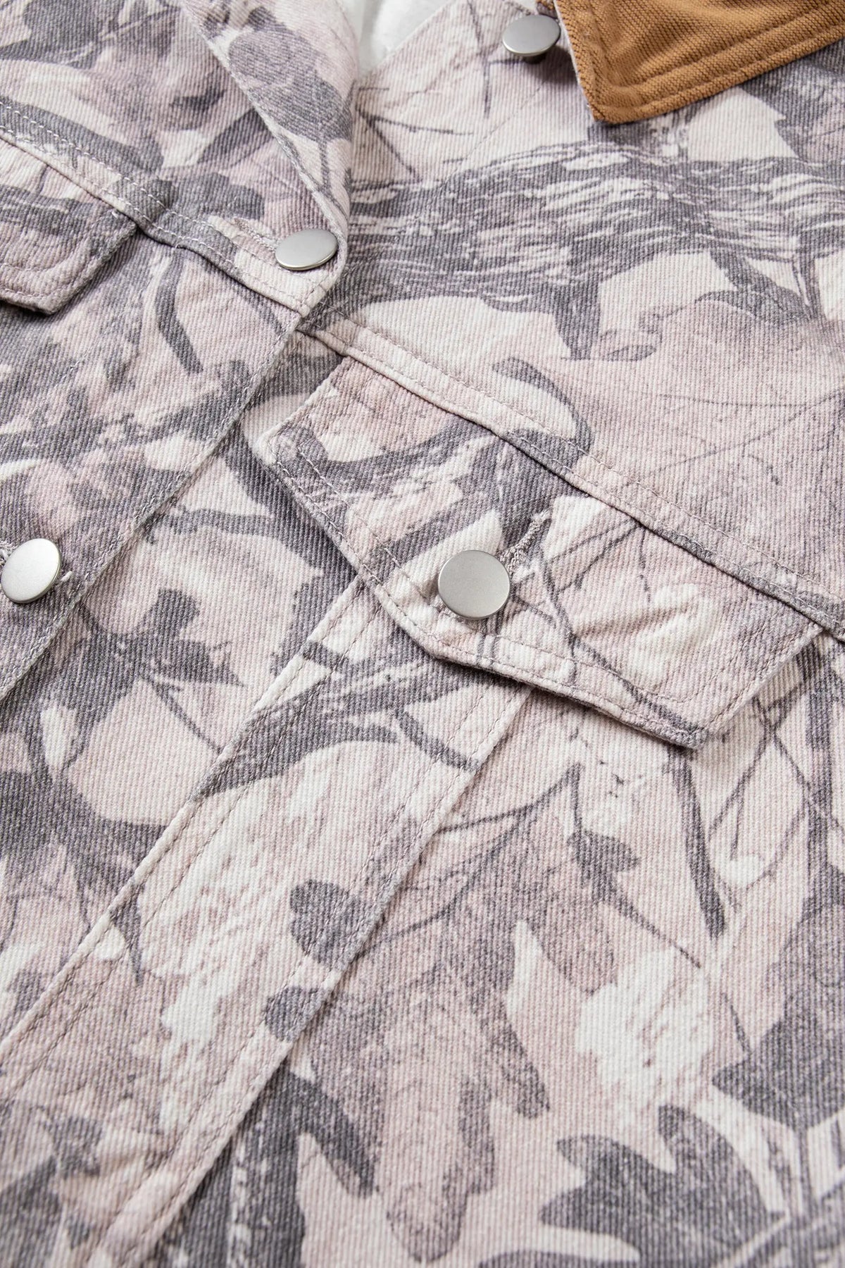 Abstract Camo Print Colourblock Collar Oversized Shift Silhouette Denim Jacket – Grey