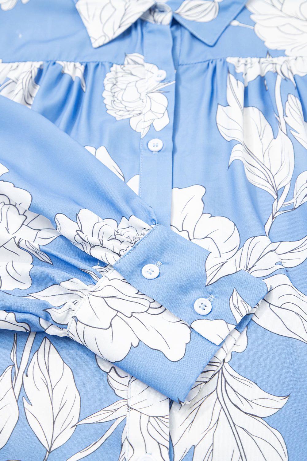 Floral Print Button Up Pleated Detail Puff Sleeve Shirt - eAura