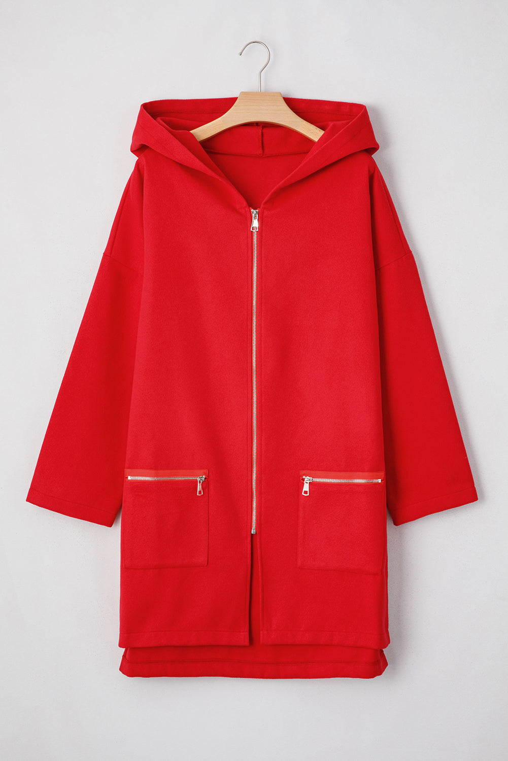 Fiery Red Solid Color Casual Zip up Hooded Coat BB Fashion Outlet