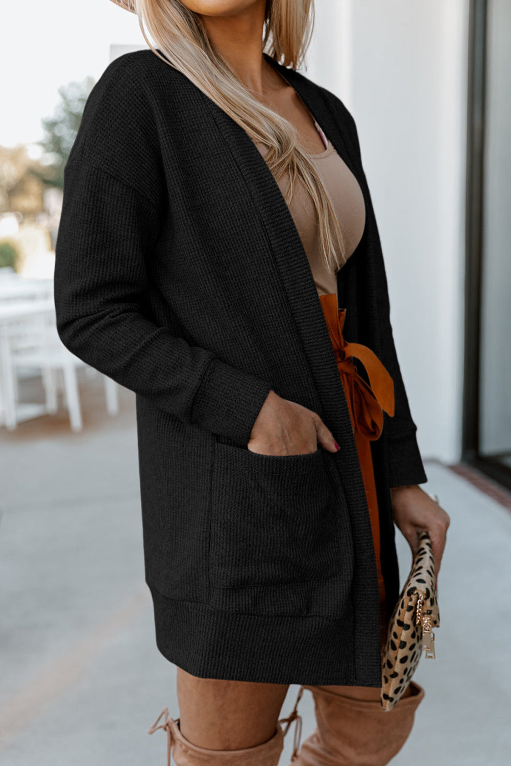 Black Thermal Waffle Knit Pocketed Cardigan BB Fashion Outlet