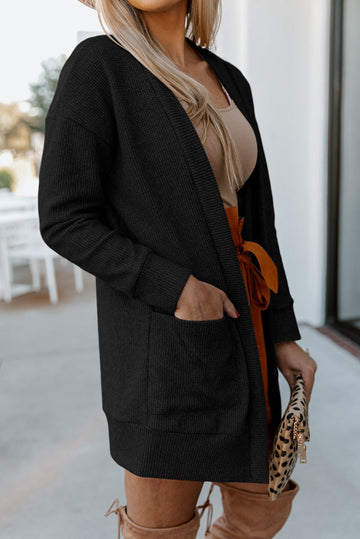 Black Thermal Waffle Knit Pocketed Cardigan BB Fashion Outlet