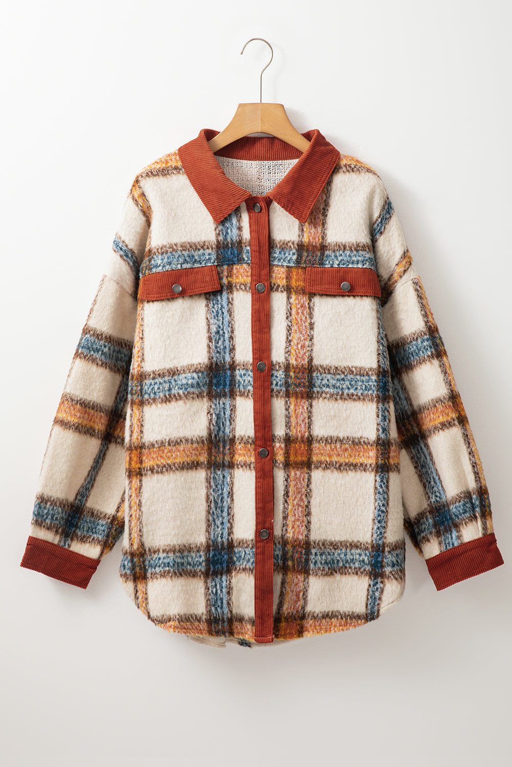 Brown Stripe Plus Size Plaid Print Collared Buttoned Jacket BB Fashion Outlet