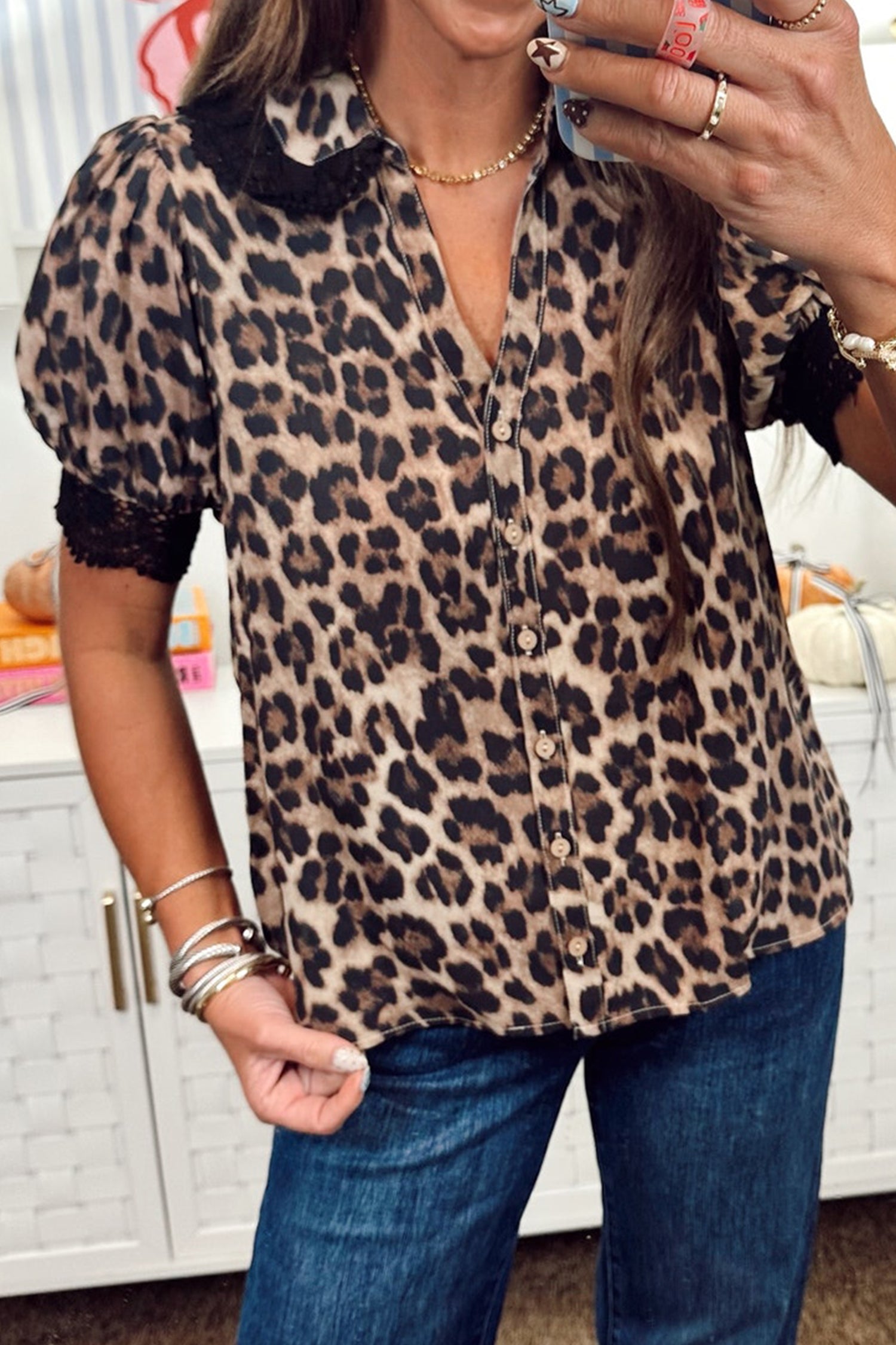 Brown Leopard Print Button Down Lace Trim Short Sleeve Shirt - eAura
