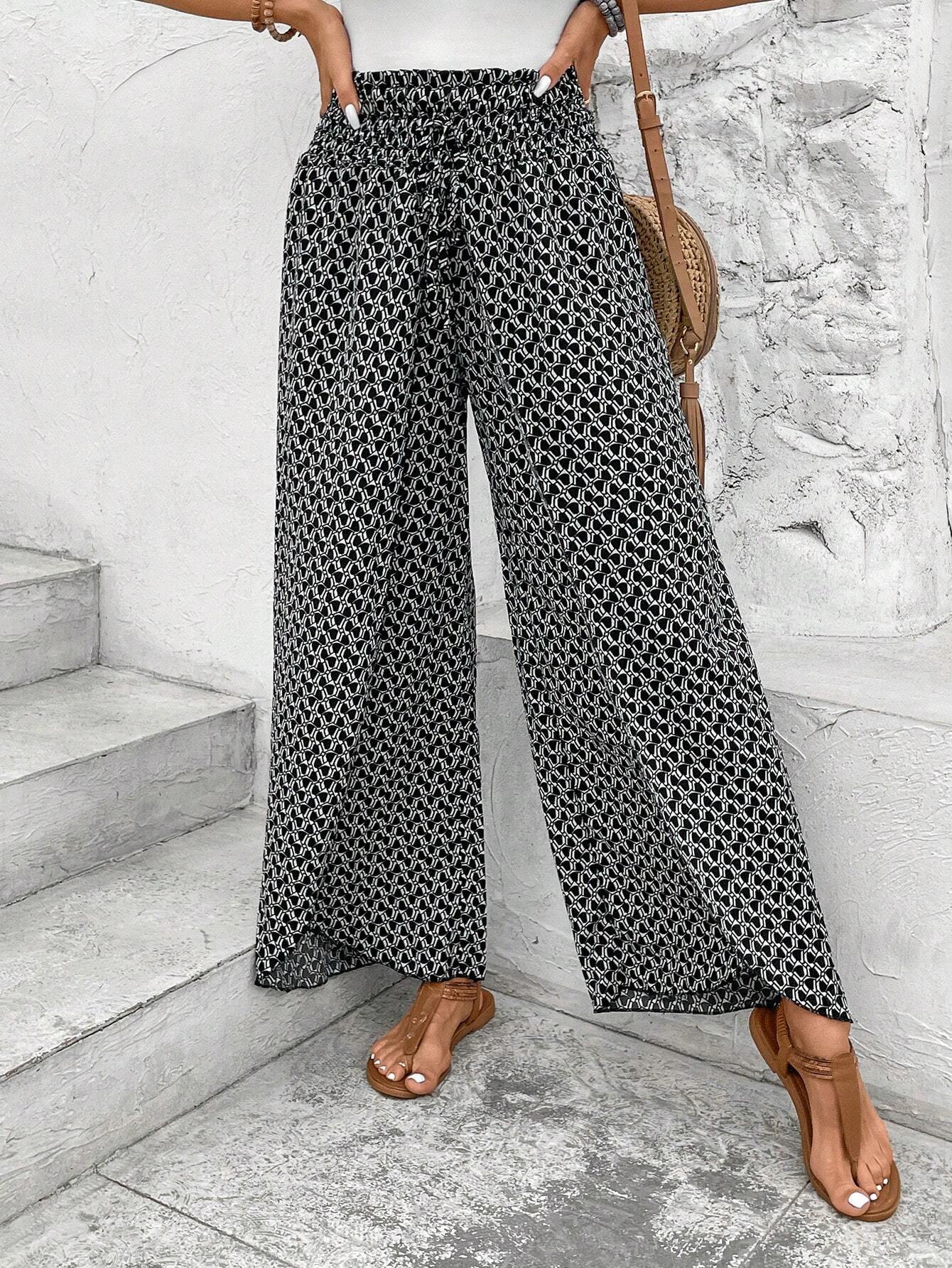Black Bohemian Print Slit Wide Leg Smocked High Waist Trousers eAura