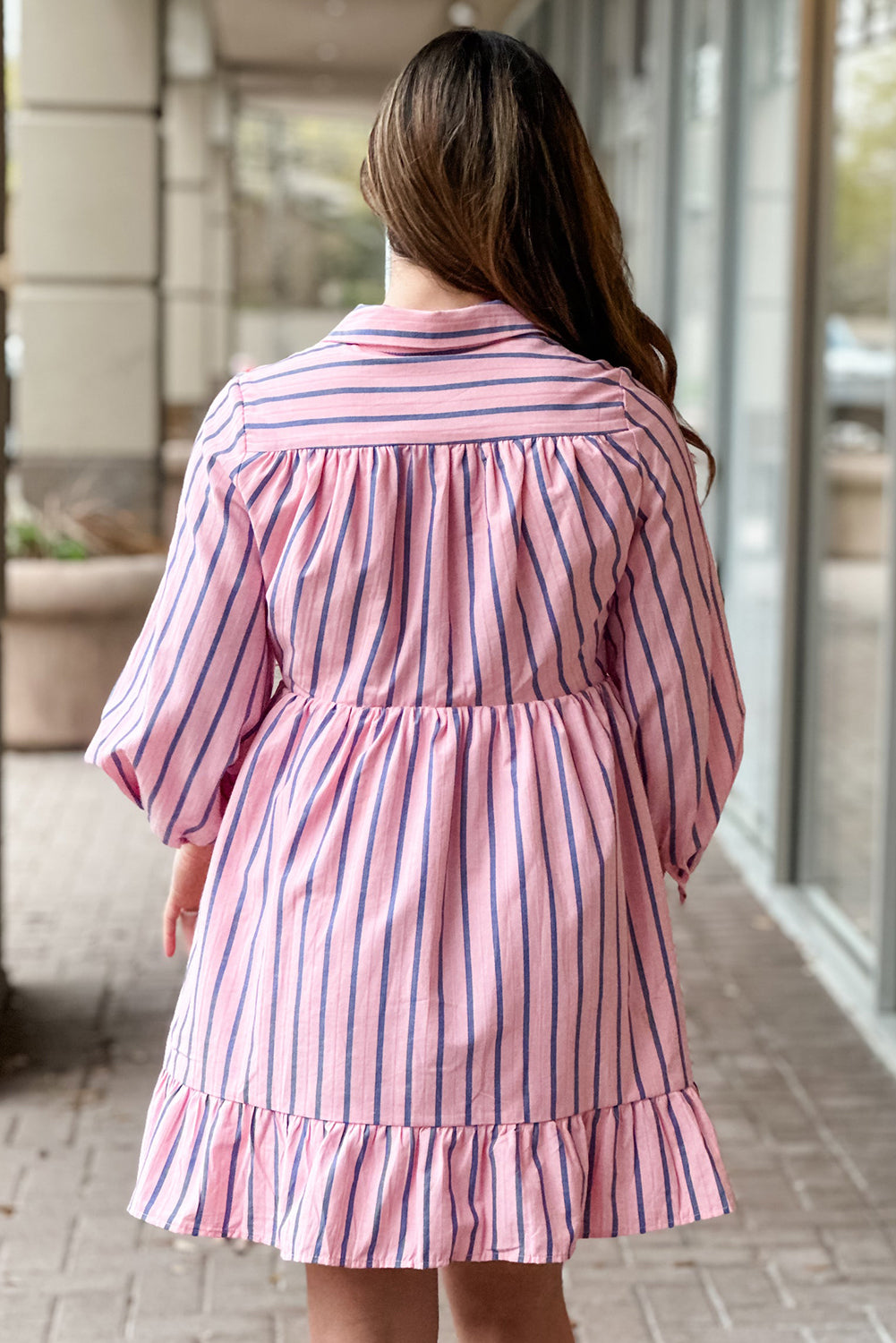 Pink Stripe Ruffled Hem Button-up Collared Shirt Mini Dress Beagle Boutique Fashion Outlet