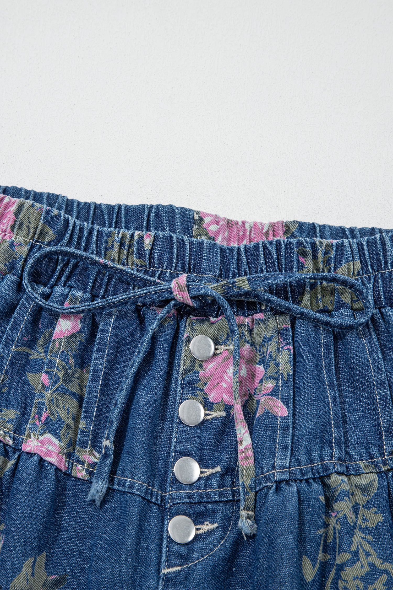 Floral Print Elastic Waist Pintuck Wide Leg Jeans
