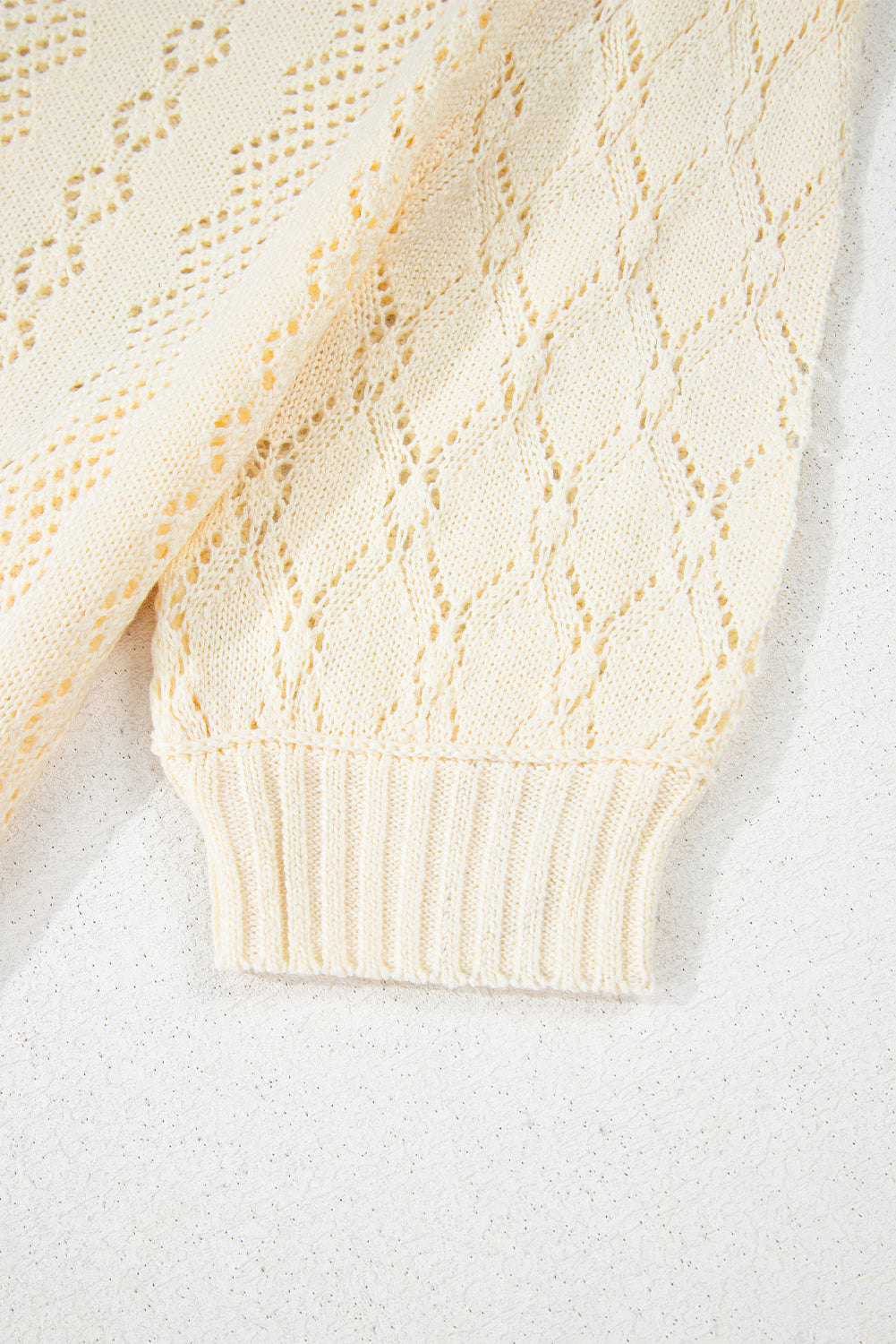 Beige Hollowed Pattern Knit Short Puff Sleeve Sweater eAura