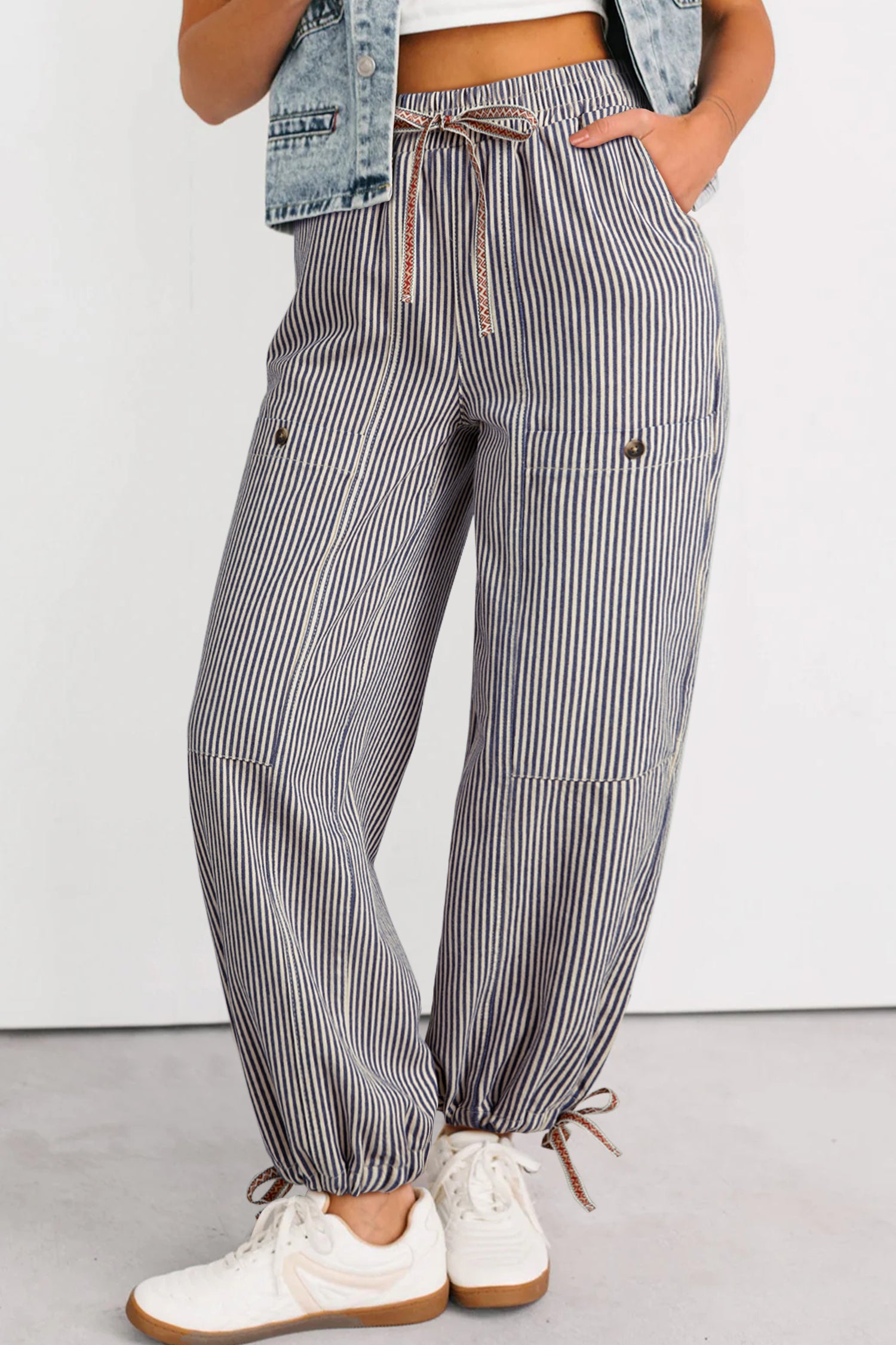 Stripe Button Patch Pocket Drawstring Elastic Waist Loose Pants - eAura
