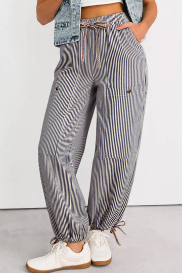 Stripe Button Patch Pocket Drawstring Elastic Waist Loose Pants - eAura