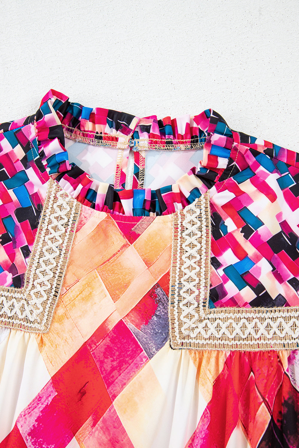 Rose Red Abstract Geometric Pattern Patchwork Puff Sleeve Blouse eAura
