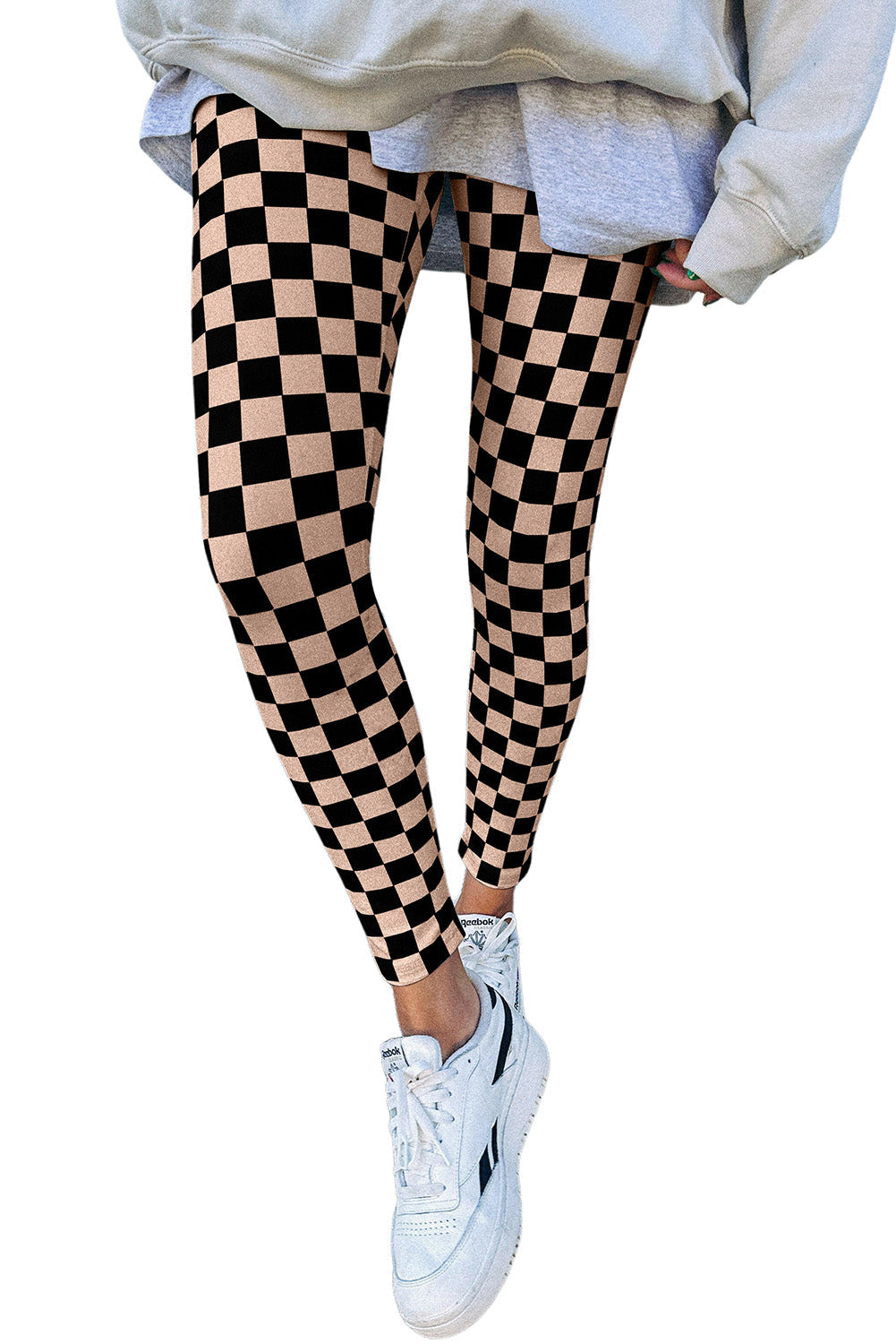 Khaki Checkered Pattern High Waist Skinny Leggings eAura