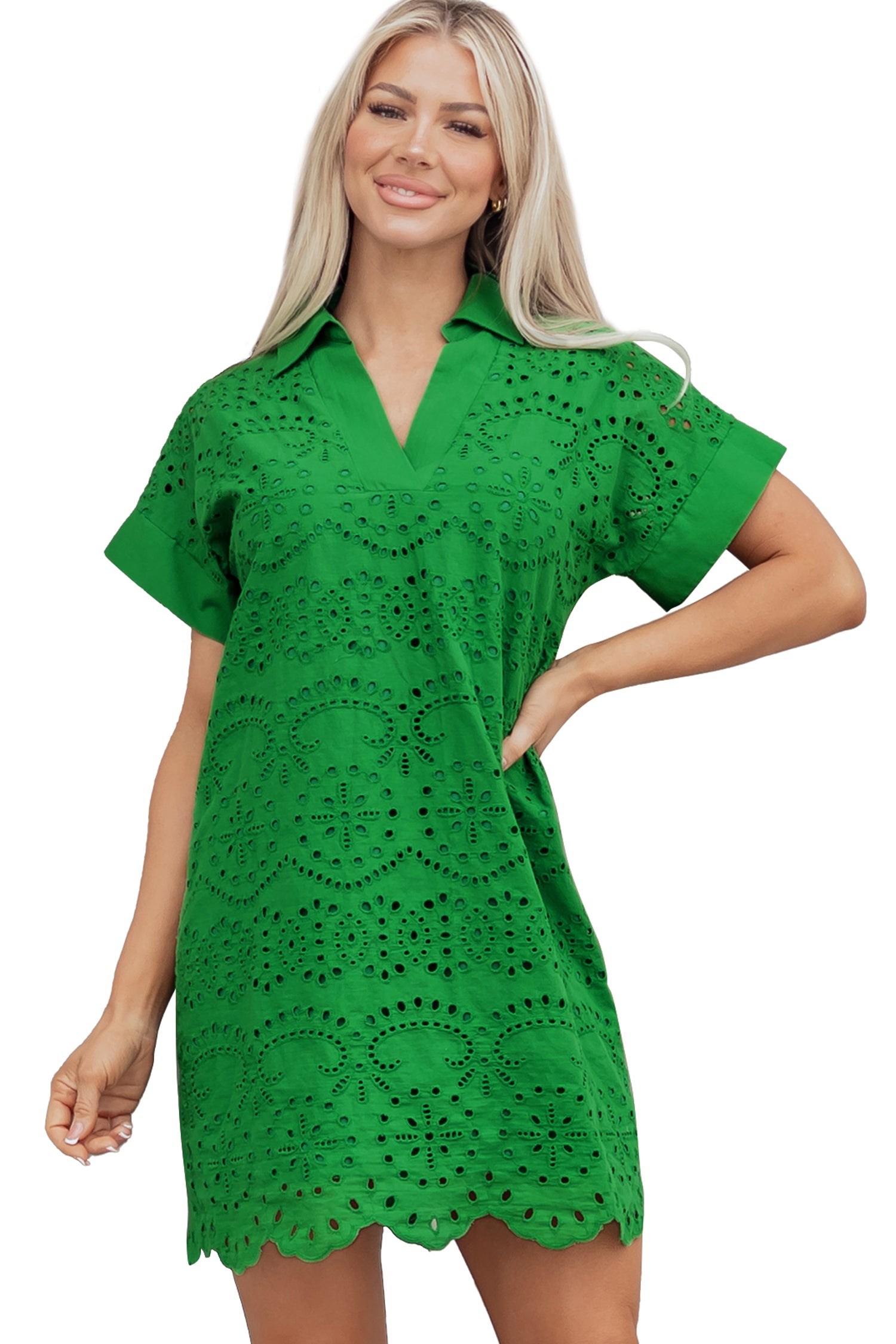 Solid Color Eyelet Embroidered T Shirt Mini Dress – Rose Red