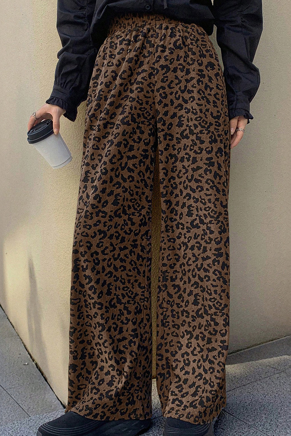 Dark Brown Leopard Print Elastic High Waist Loose Corduroy Pants - eAura