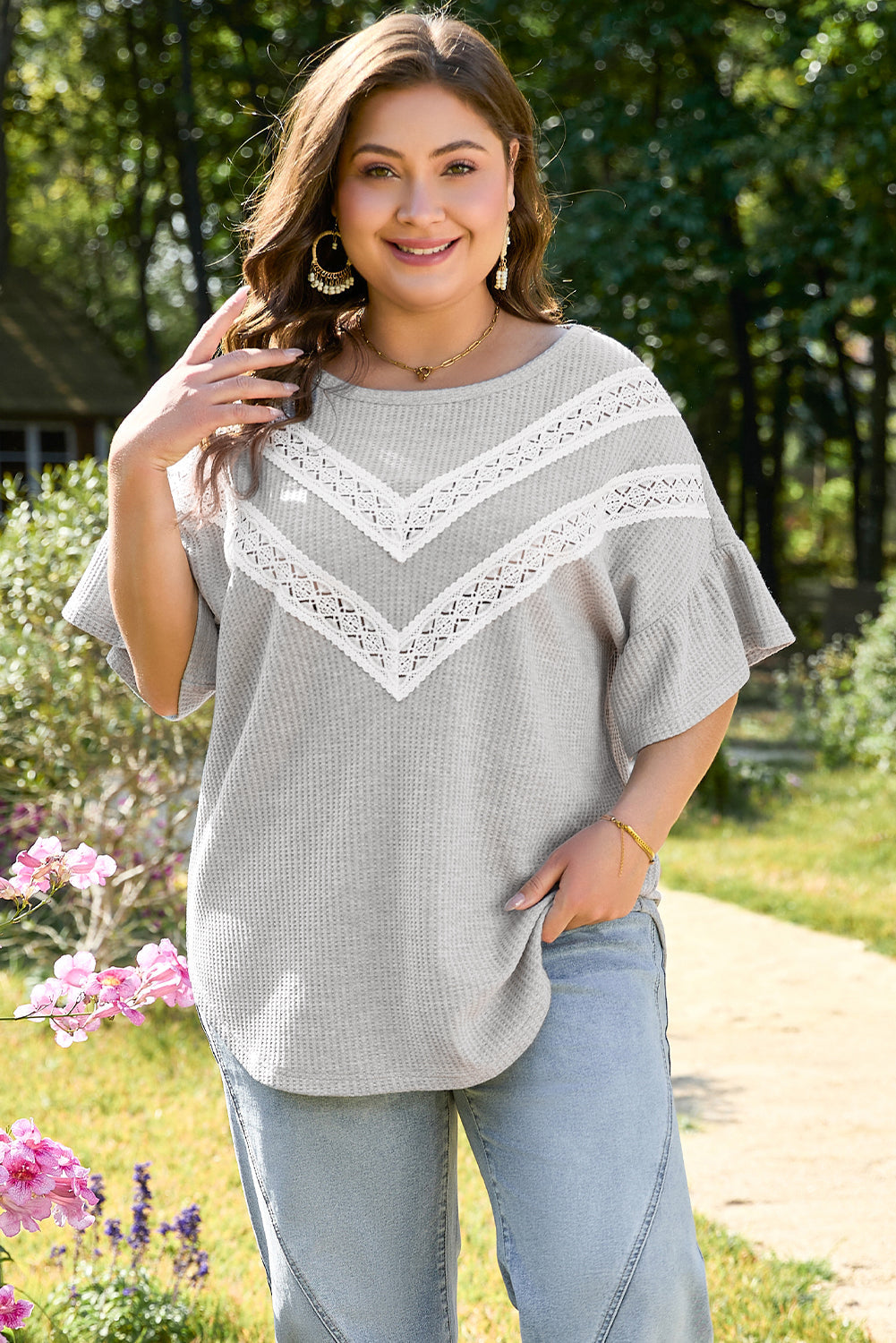 Light Grey Lace Insert Waffle Ruffle Short Sleeve Plus Size Top BB Fashion Outlet