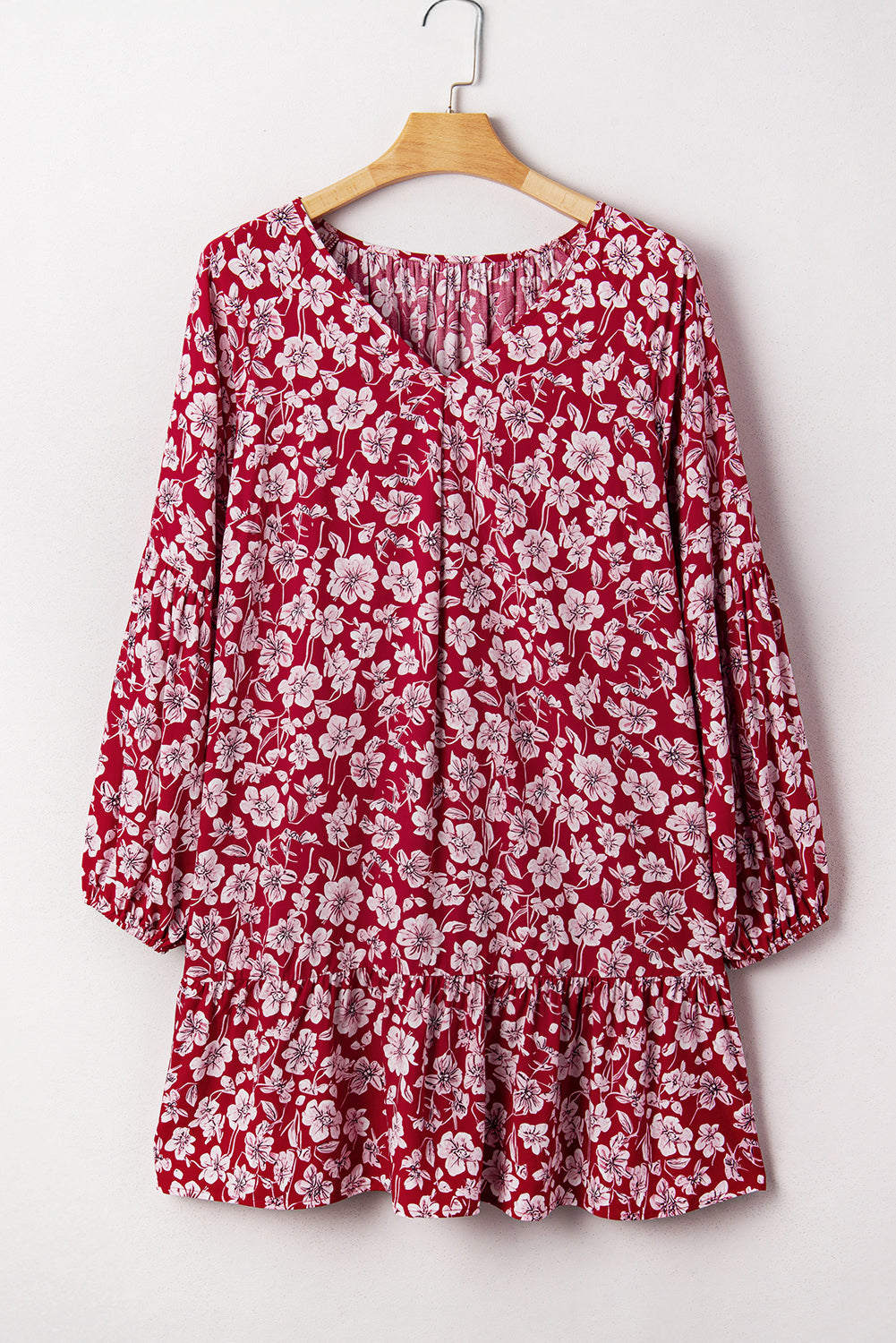 Purple Plus Floral Balloon Sleeve V Neck Relaxed Dress eAura