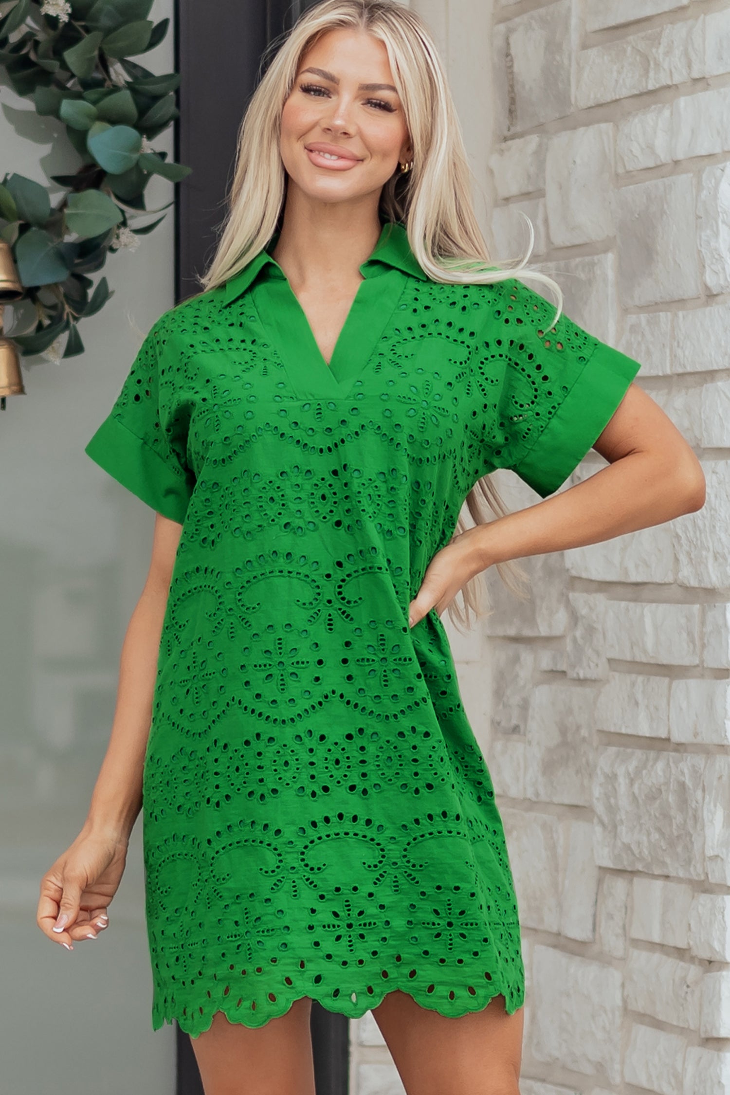 Solid Color Eyelet Embroidered T Shirt Mini Dress – Rose Red