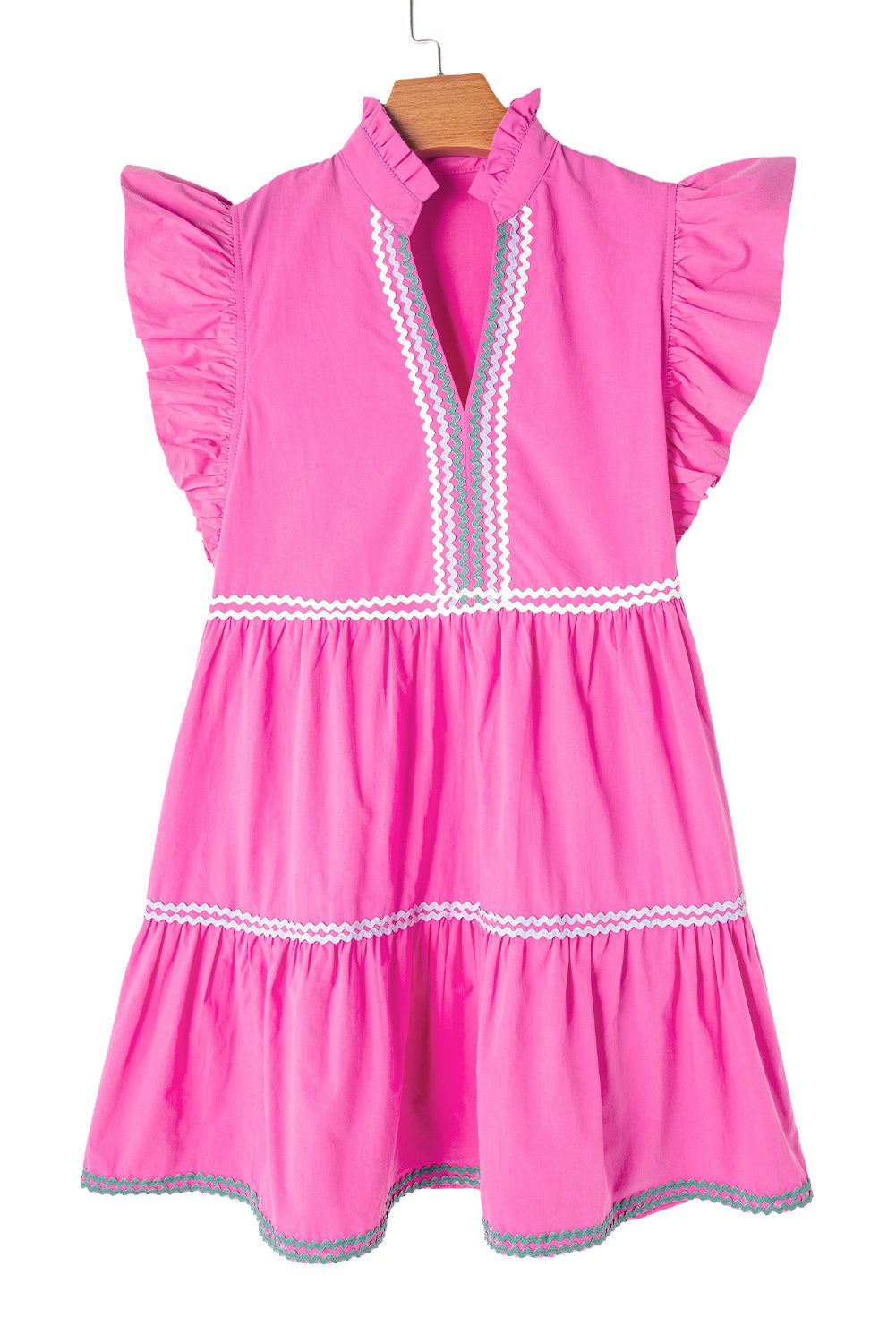 Strawberry Pink Ric Rac Colourblock Flutter Sleeve V Neck Tiered Dress eAura