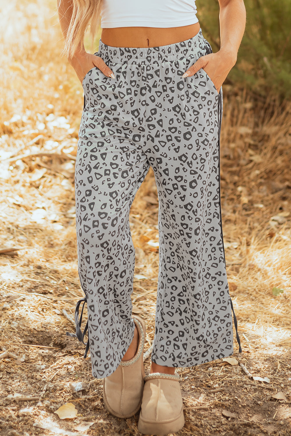 Grey Leopard High Waist Side Bow Straight Leg eAura