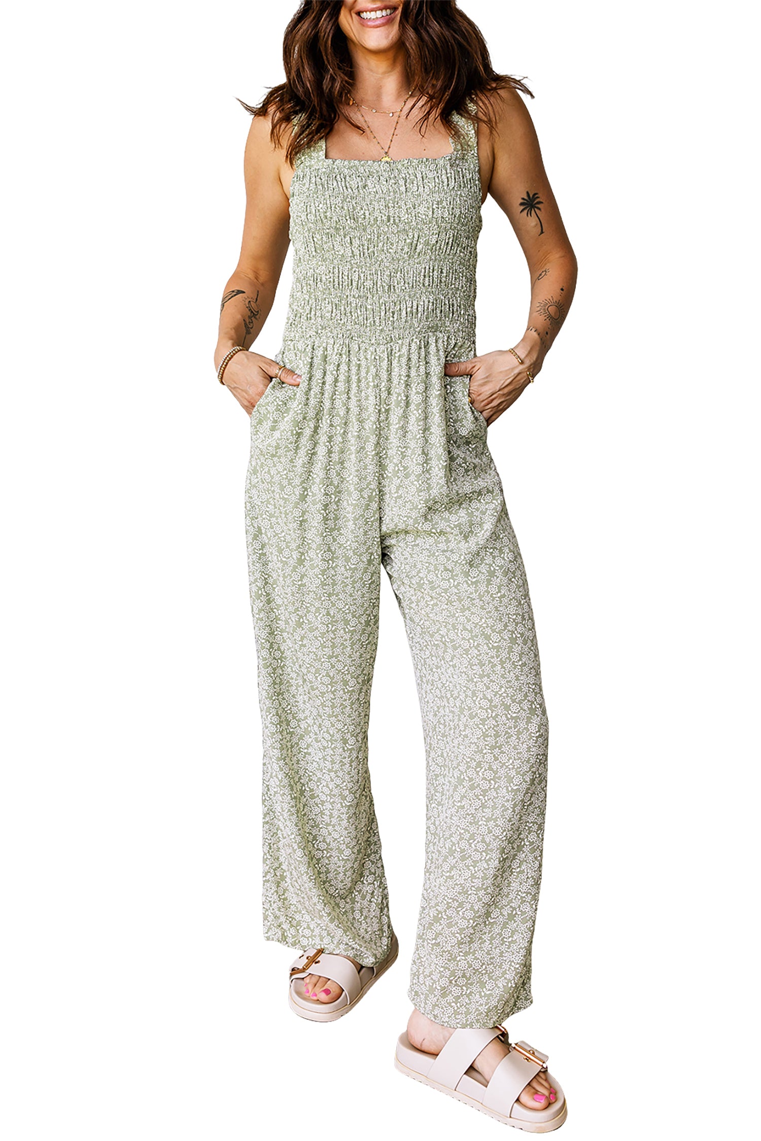 Green Smocked Bodice Square Neck Sleeveless Floral Jumpsuit