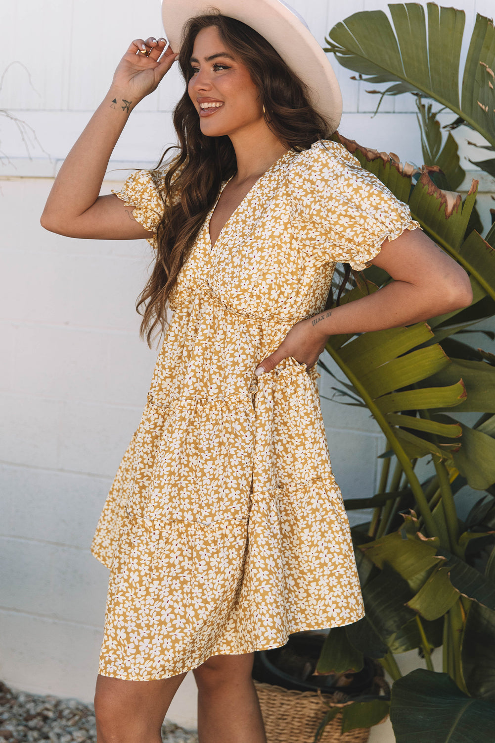 Yellow Floral Short Sleeve V Neck Frilly Tiered Mini Dress eAura