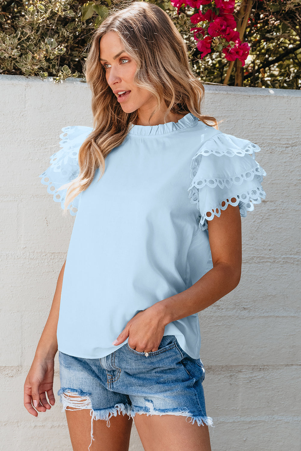 Light Pink Layered Ric Rac Cap Sleeve Frilled Neck Blouse BB Fashion Outlet