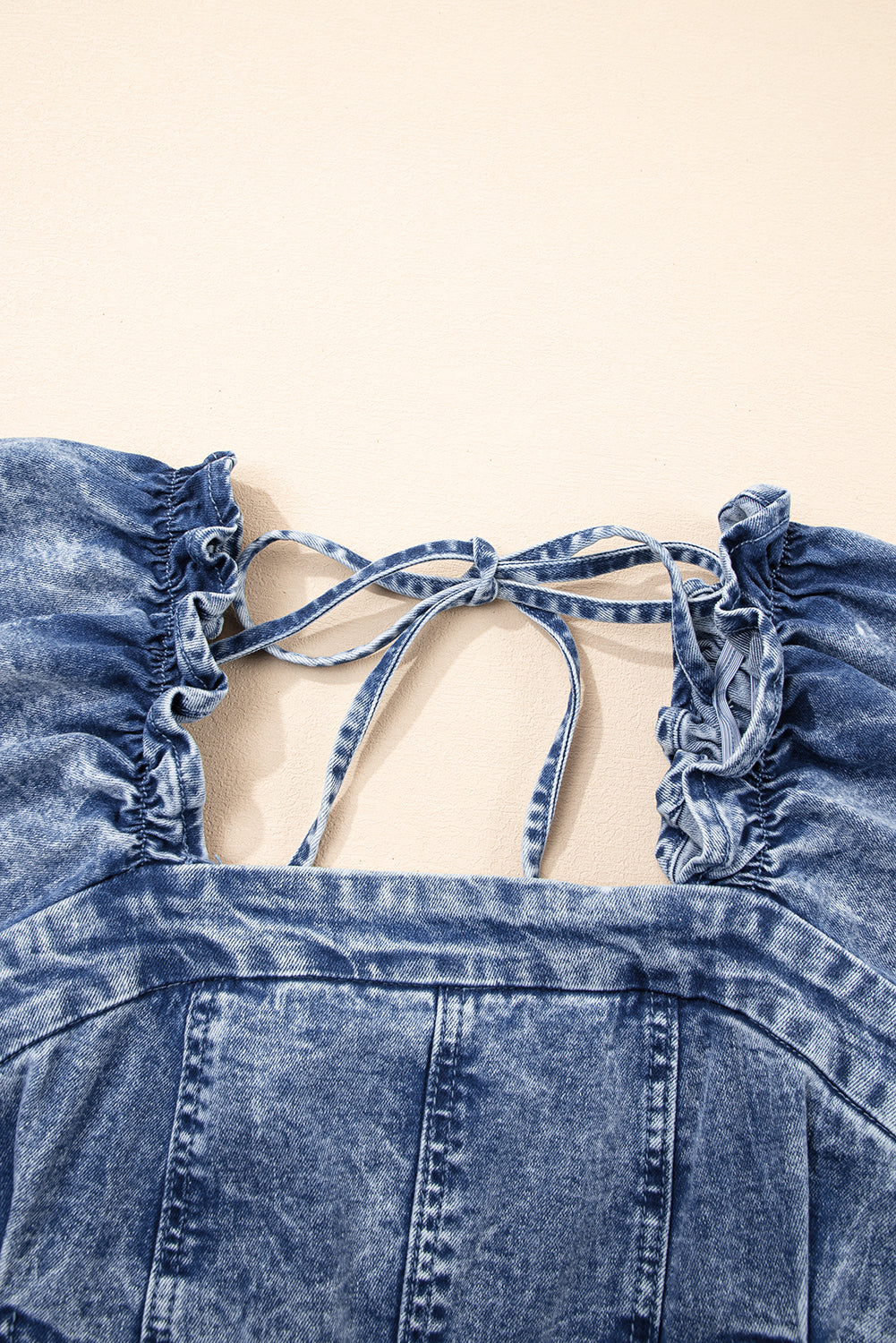 Blue Frilly Square Neck Bustier Puff Sleeve Short Denim Dress eAura
