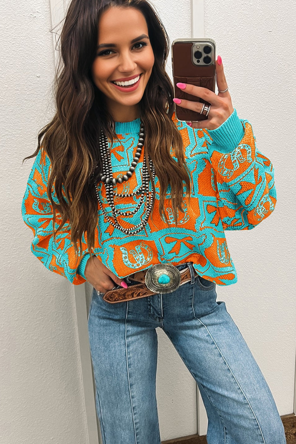 Bows & Horseshoes Pattern Western Fashion Print Sweater eAura