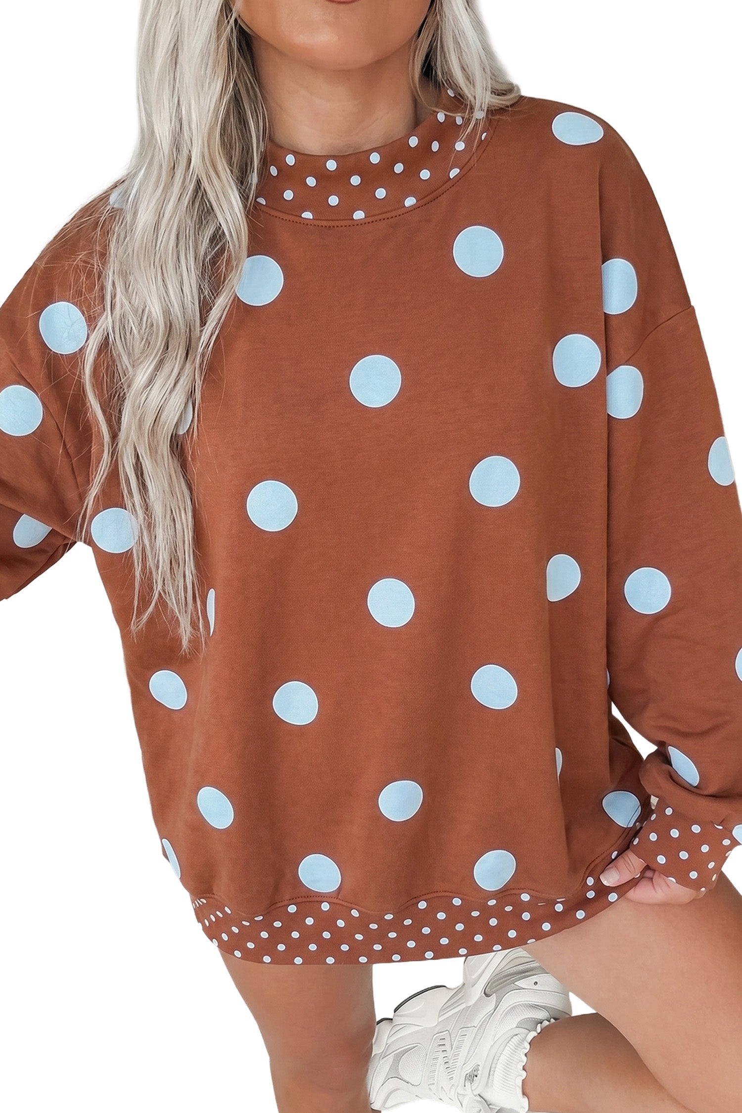 Polka Dot Print Contrast Detail Oversized Tunic Sweatshirt – Pink