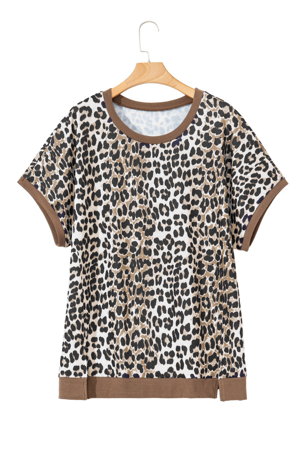 Khaki Leopard Contrast Trim Short Sleeve Loose Plus Size Top BB Fashion Outlet