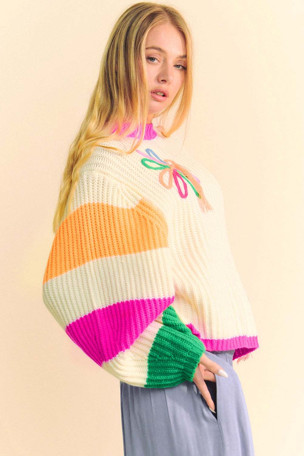 Beige Colourblock Flower Print Cable Knit Loose Sweater eAura