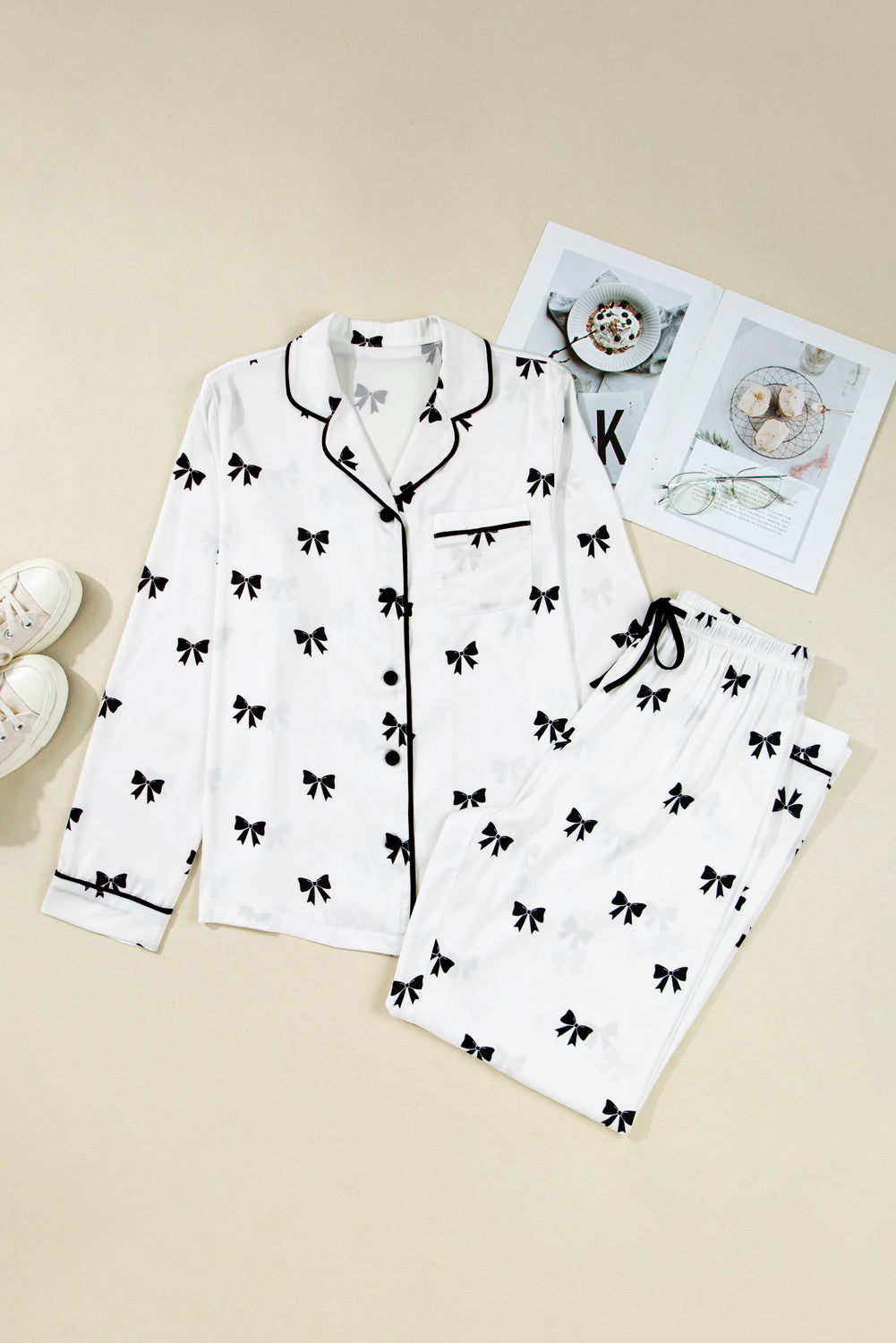 White Bows Print Two Piece Pyjama Set - eAura