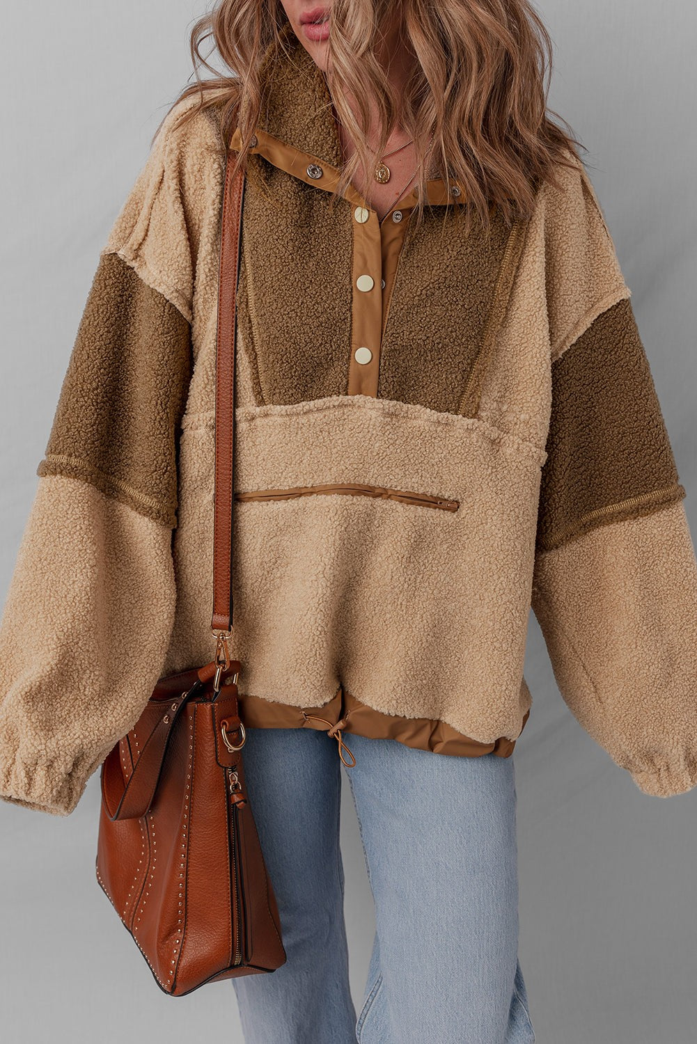 Colour Block Half Button Sherpa Sweatshirt - Tops/Sweatshirts & Hoodies
